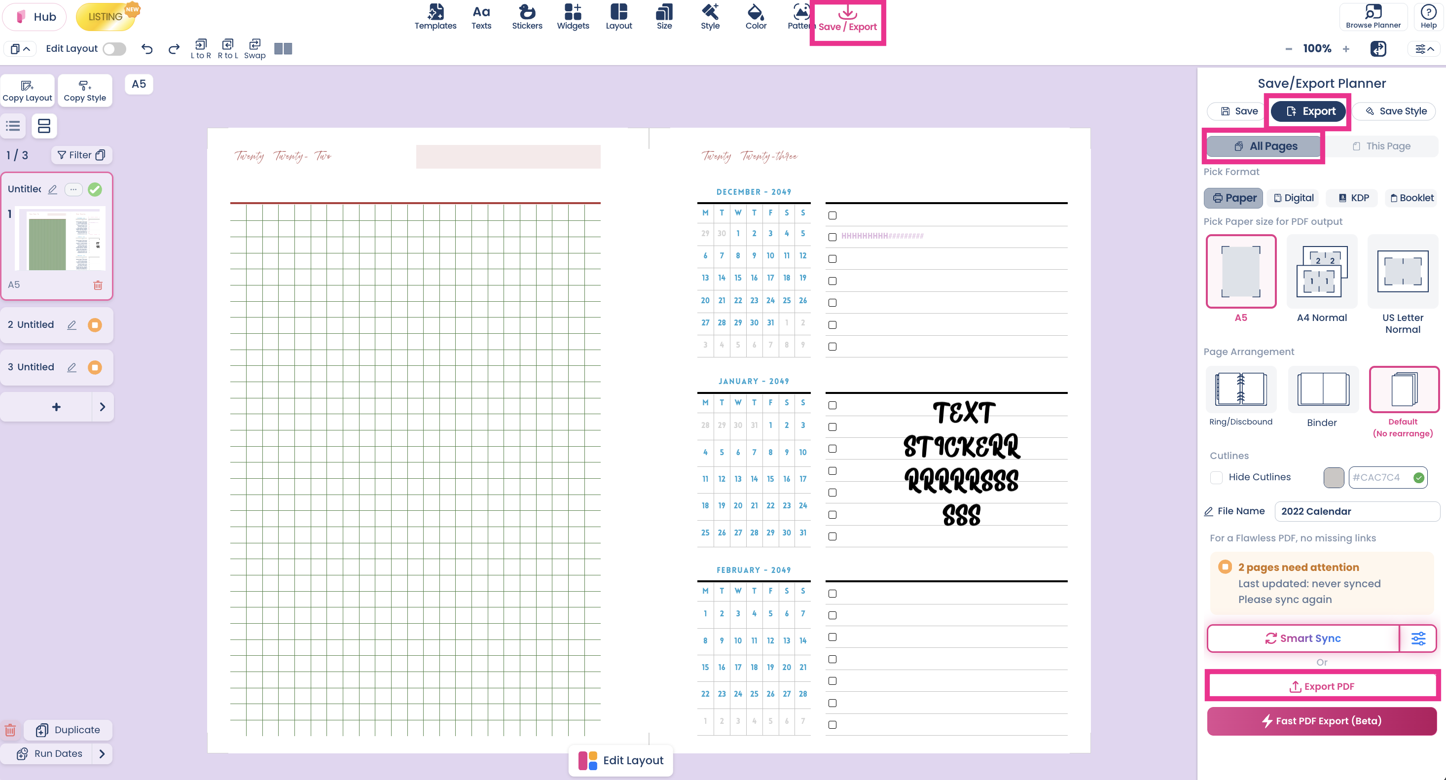 Planify Pro export menu - save and export planner