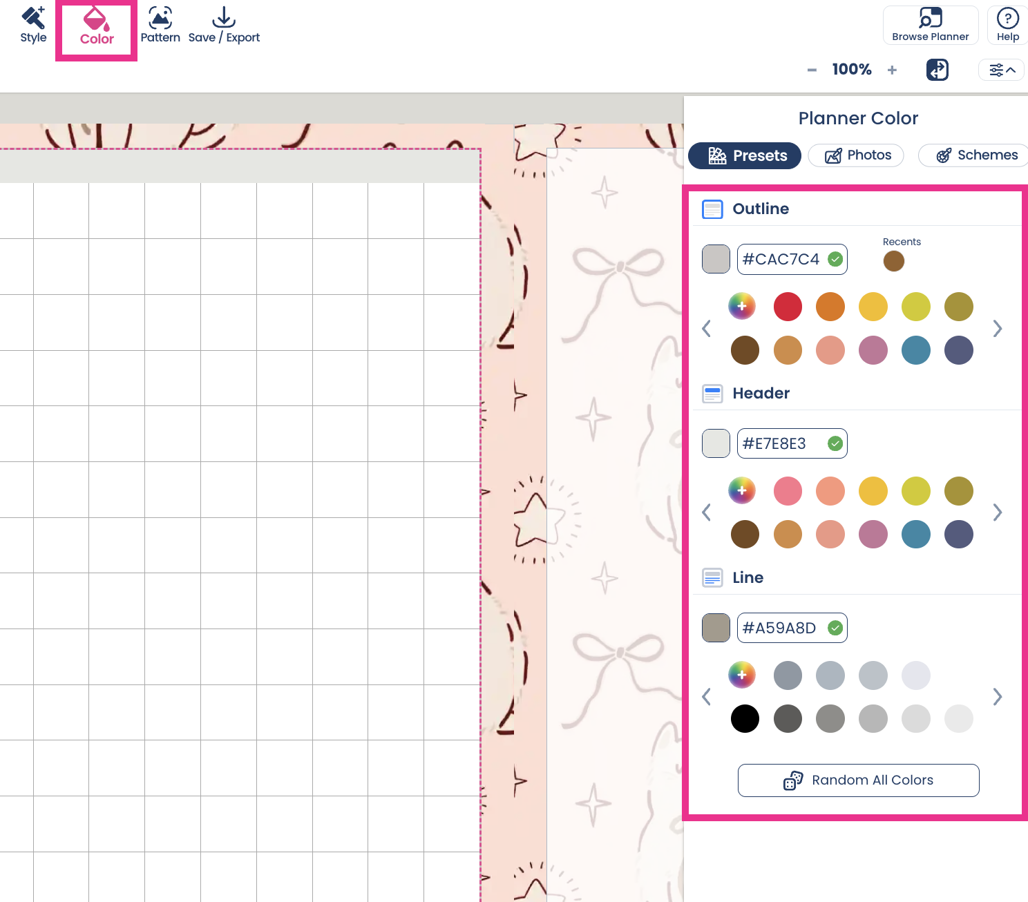 Planify Pro color menu - change outline header and line colors