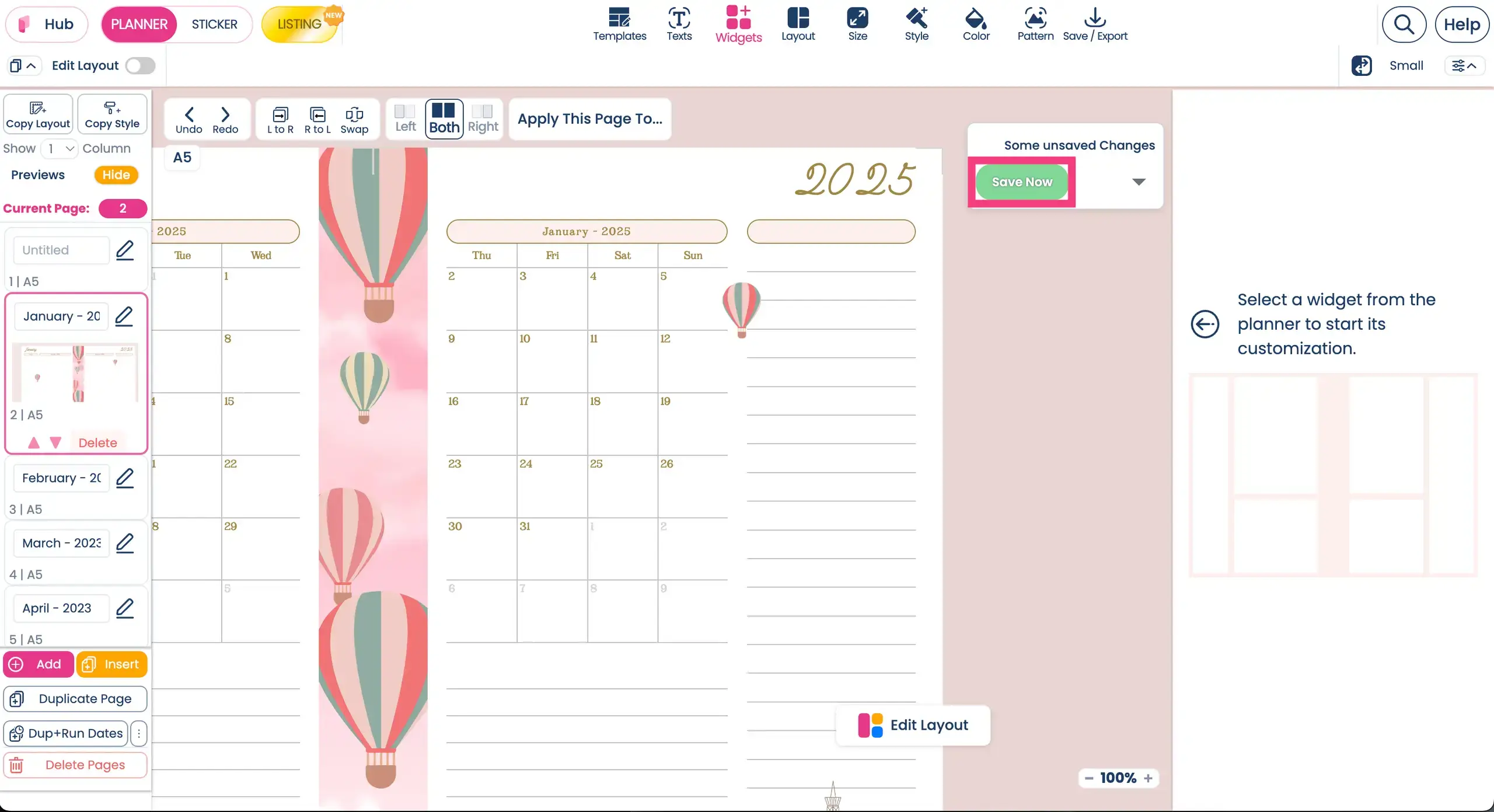 Planify Pro workspace - quick save button