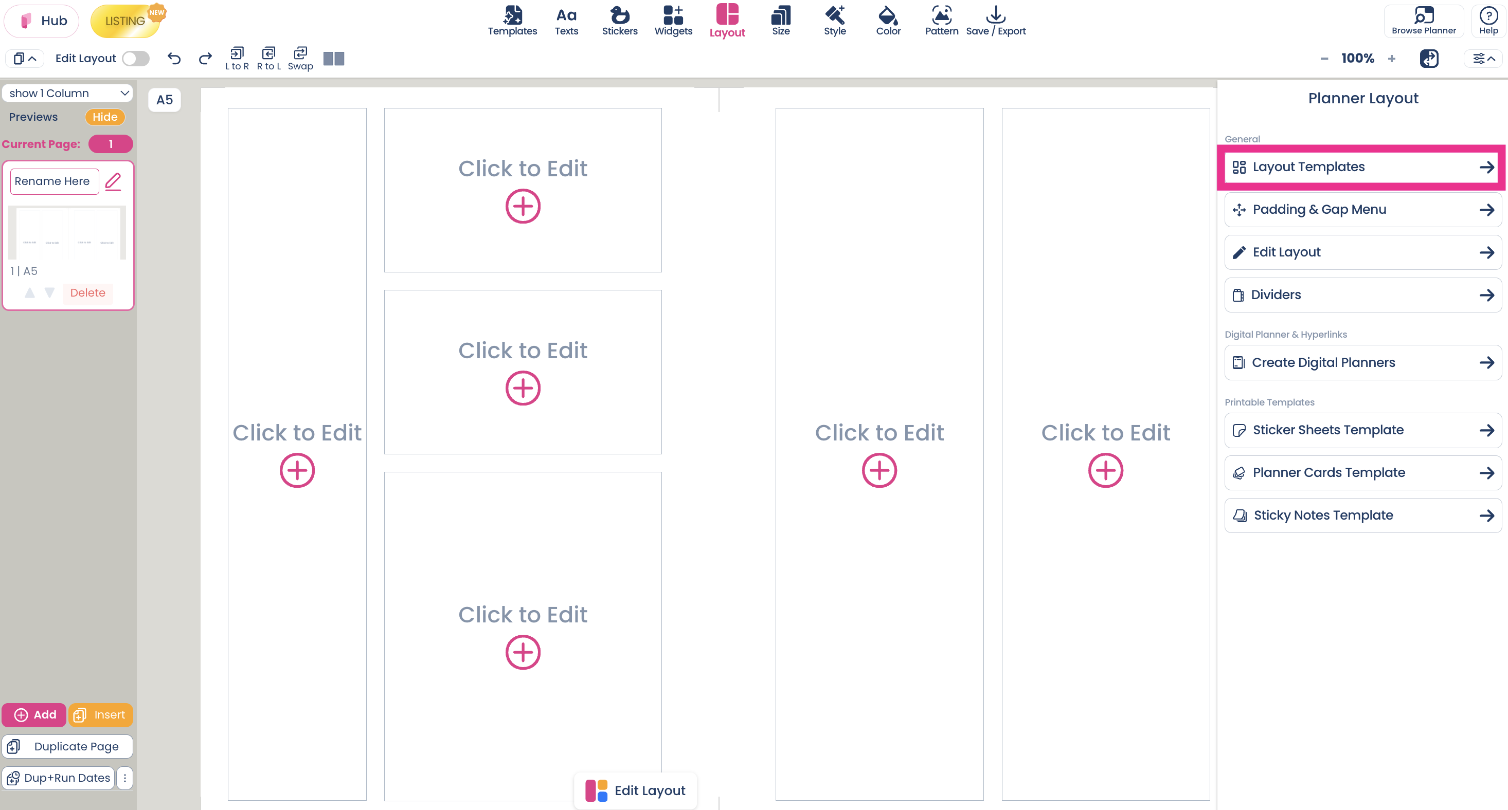 Planify Pro layout menu - choose premade layouts