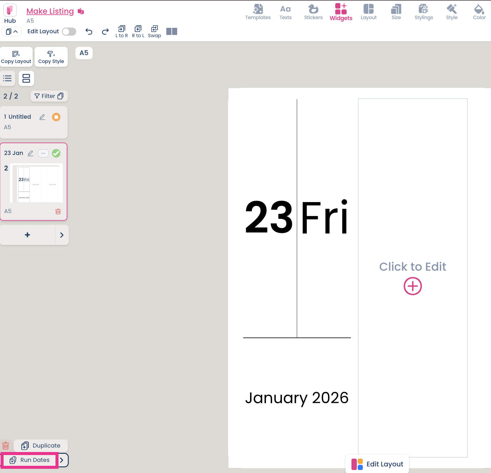 Planify Pro page manager - duplicate pages and run dates
