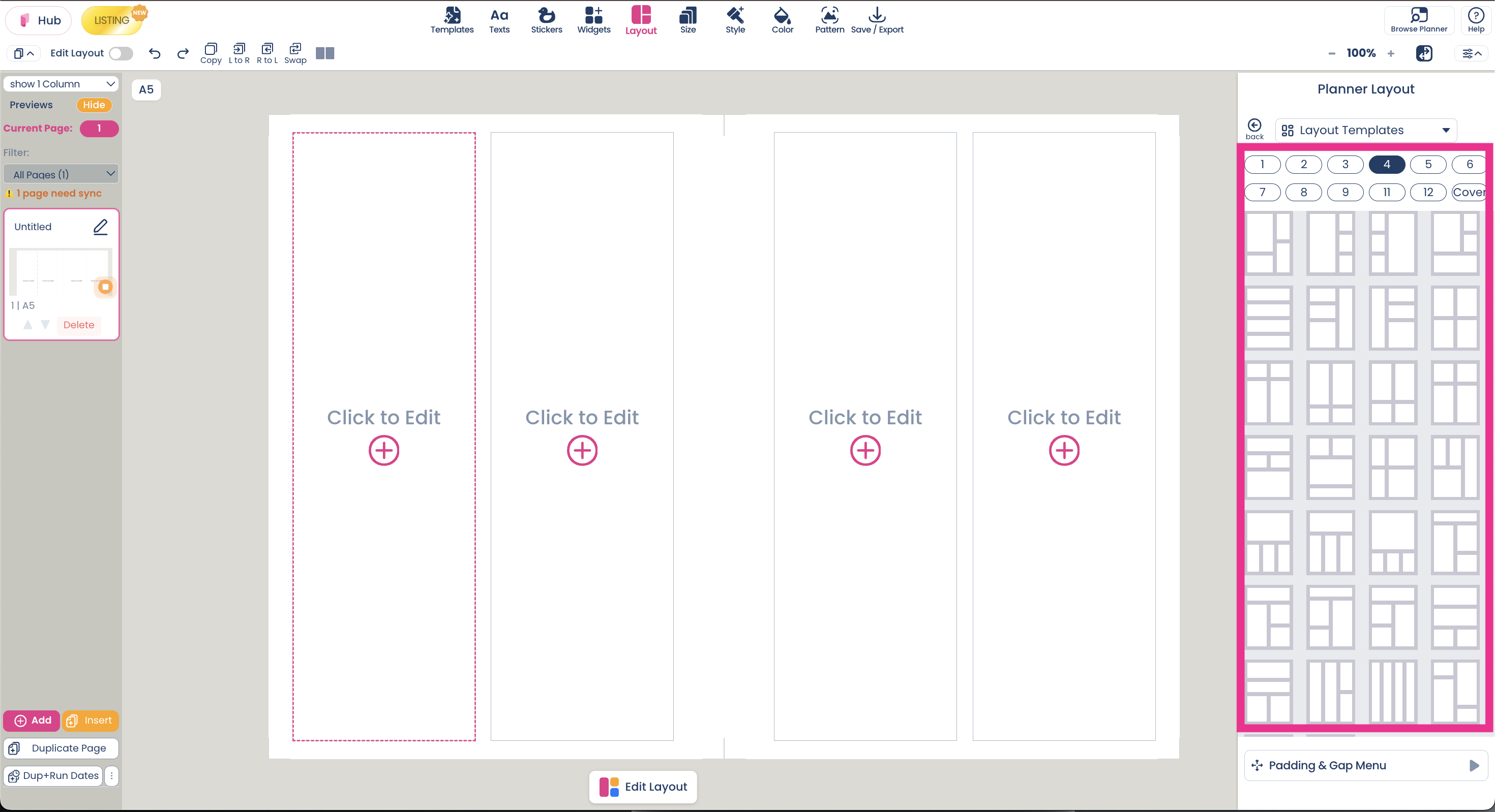 Planify Pro premade layout options